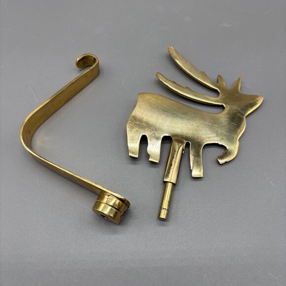 Vintage Solid Brass Reindeer Christmas Stocking Holder Long Arm Mantel Hook MCM - Picture 2 of 10